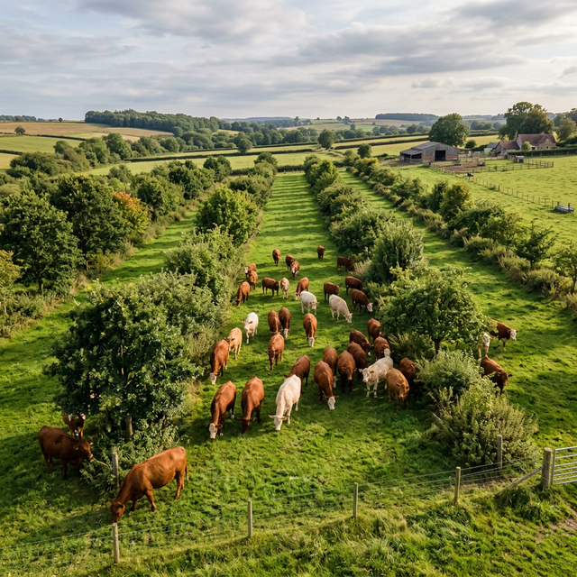 An agroforestry system showing rows of trees between pasture lanes with grazing cattle