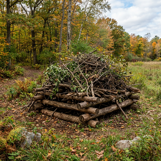 A well-constructed brush pile at the edge of a woodland, built with a criss-cross log foundation and topped with dense branches