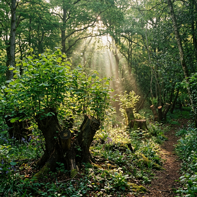 A landowner harvesting vigorous new shoots from a previously coppiced hazel stool in a sunny woodland