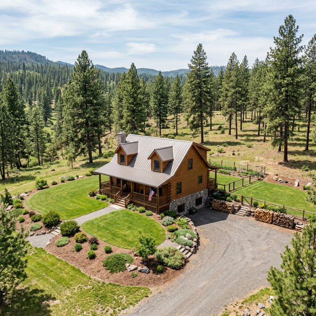 A rural home surrounded by a well-maintained, clear defensible space zone, with mature trees spaced far apart in the background