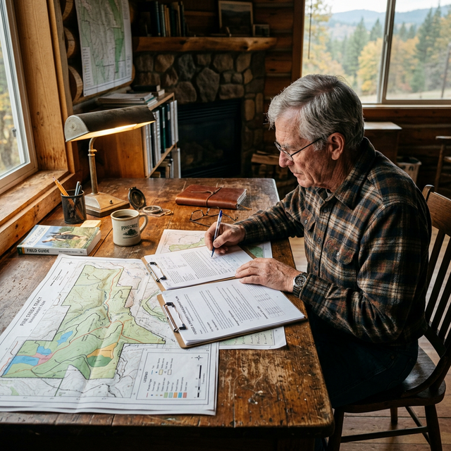 A landowner filling out a detailed management plan at a rustic wooden desk, with property maps spread out beside them