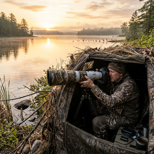 Wildlife photographer using a camouflaged blind on private land