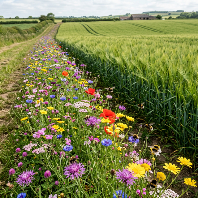 A vibrant, multi-colored strip of native wildflowers buzzing with bees, planted directly adjacent to a healthy row-crop field